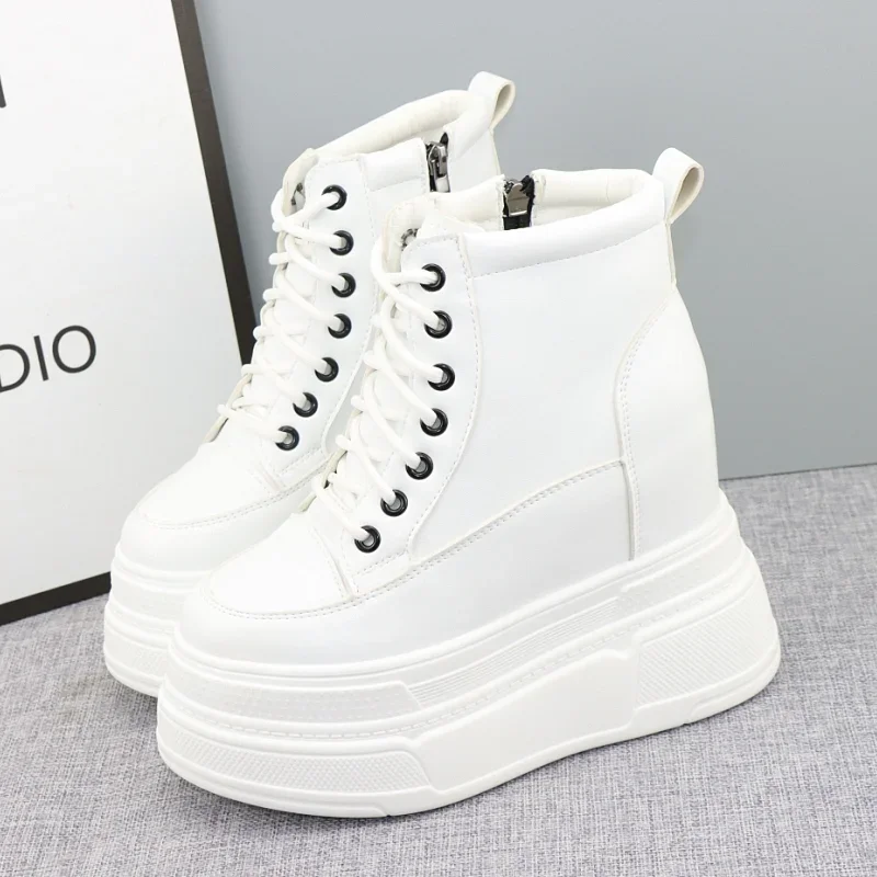14cm New Genuine Leather Platform Heel Wedge Shoes Sneakers Ankle Mid Calf Boots Platform Boots Women Well-fitting Shoes