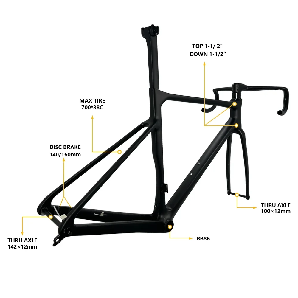 2022 Carbon Frame Road Bike Frame Disc Brake Full Hidden Cable Routing BB86 Lightweight 997g T1000 Carbon Road Frame set