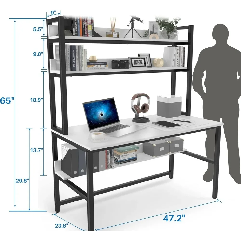 XMSJ-Bureau d'ordinateur blanc avec clapier et bibliothèque, bureau à domicile de 47 pouces de large avec étagères de rangement à 3 niveaux, poste de travail d'étude