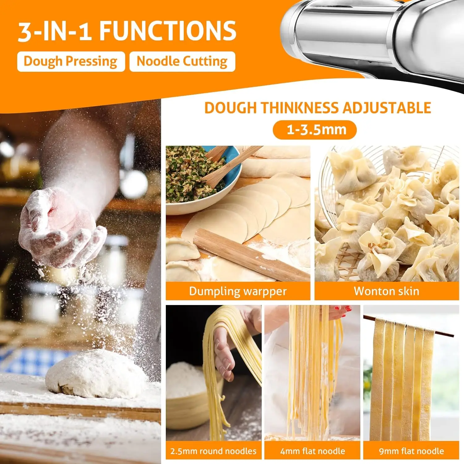 Electric Pasta Maker Machine 3 IN1 Pasta Dough Spaghetti Roller Noodle Pressing Machine Stainless Steel 135W for Home Family Use