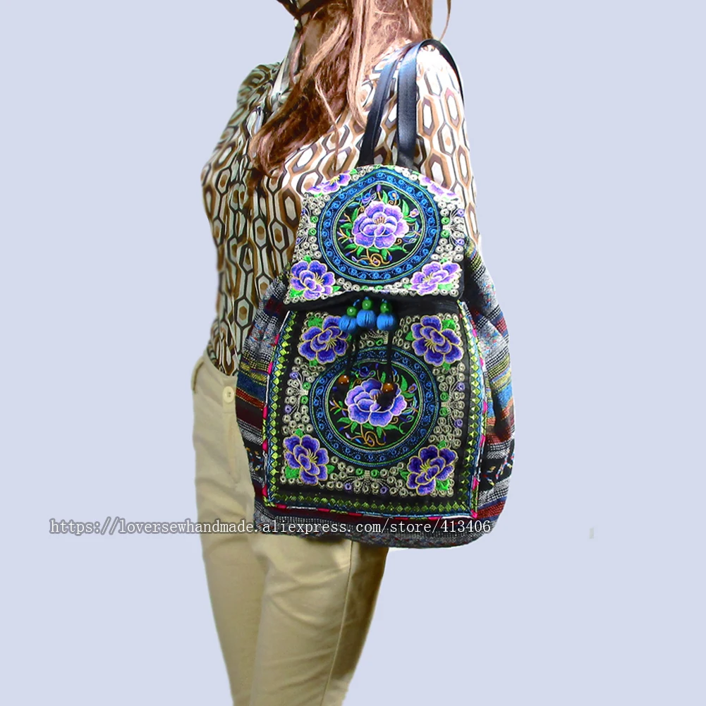 Tribal Vintage Hippie Colorful Travel Backpack Bag For Women Embroidery Pom Charm Floral Ethnic Bohemian Boho Rucksack SYS-592