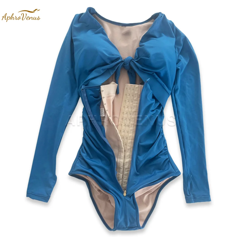 New Blue Long sleeve Swim Girdle Body Triangle Hourglass Shaper Slimming Compression Shapewear Swimsuit Butt Lifter Underwear