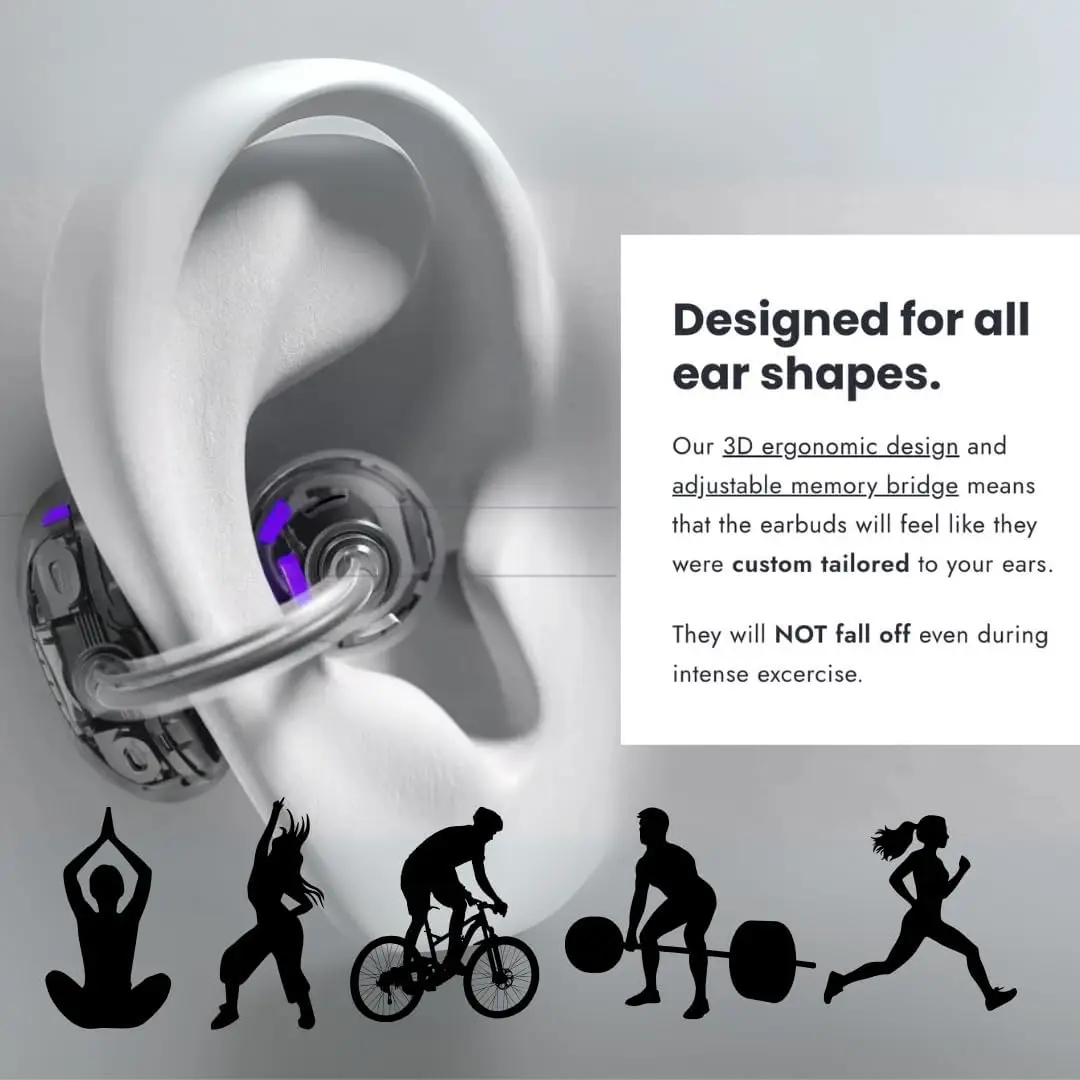 Gym Wireless Open Ear Headphones Earbuds 8H Music Time and Touch Control with Type C Fast Charging Case for Training Cycling Gym