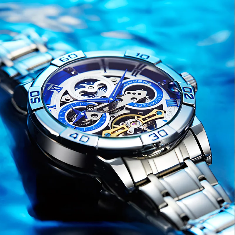 KunHuang Original Men's Automatic Mechanical Moon Phase Watch Stainless Steel Skeleton Waterproof Fashion Wristwatch For Man