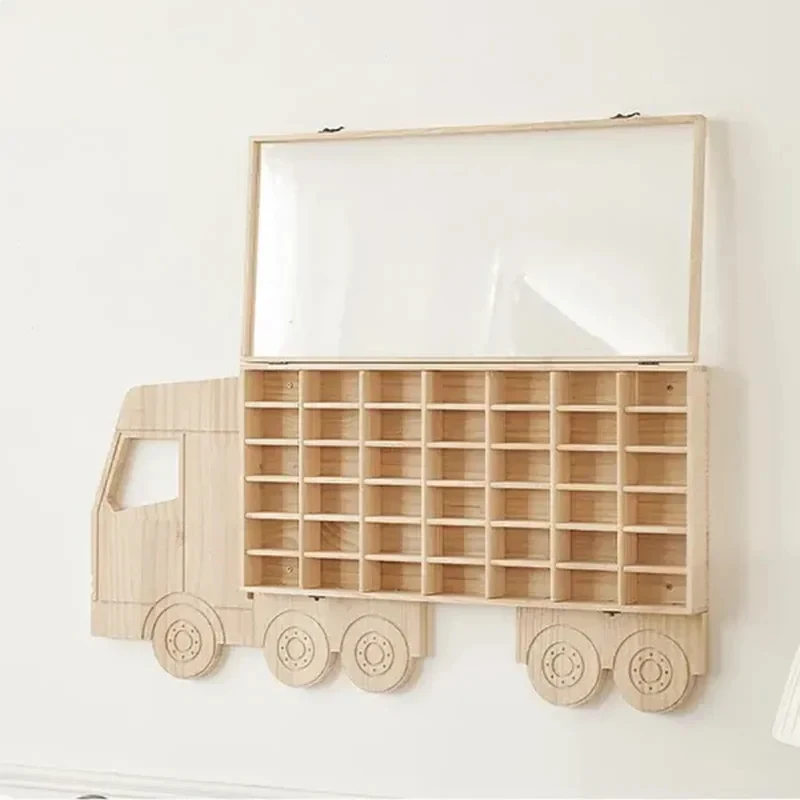 Toy Car Rack Holds 4 Diecast Model Display With Lid Organizer Wall-Mounted Storage Wood Cinet