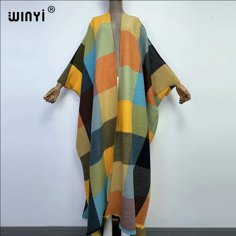 

WINYI Catwalk Kimono Women Printed bubble hem coat Long Sleeve Cardigan abaya dubai luxury beachwear Cover Up boho dress Caftan