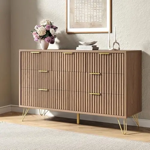 Fluted 7 Drawers Dresser for Bedroom, Wood Dressers with Scratch-Proof Golden Handles, Natural Curved Profile, Modern
