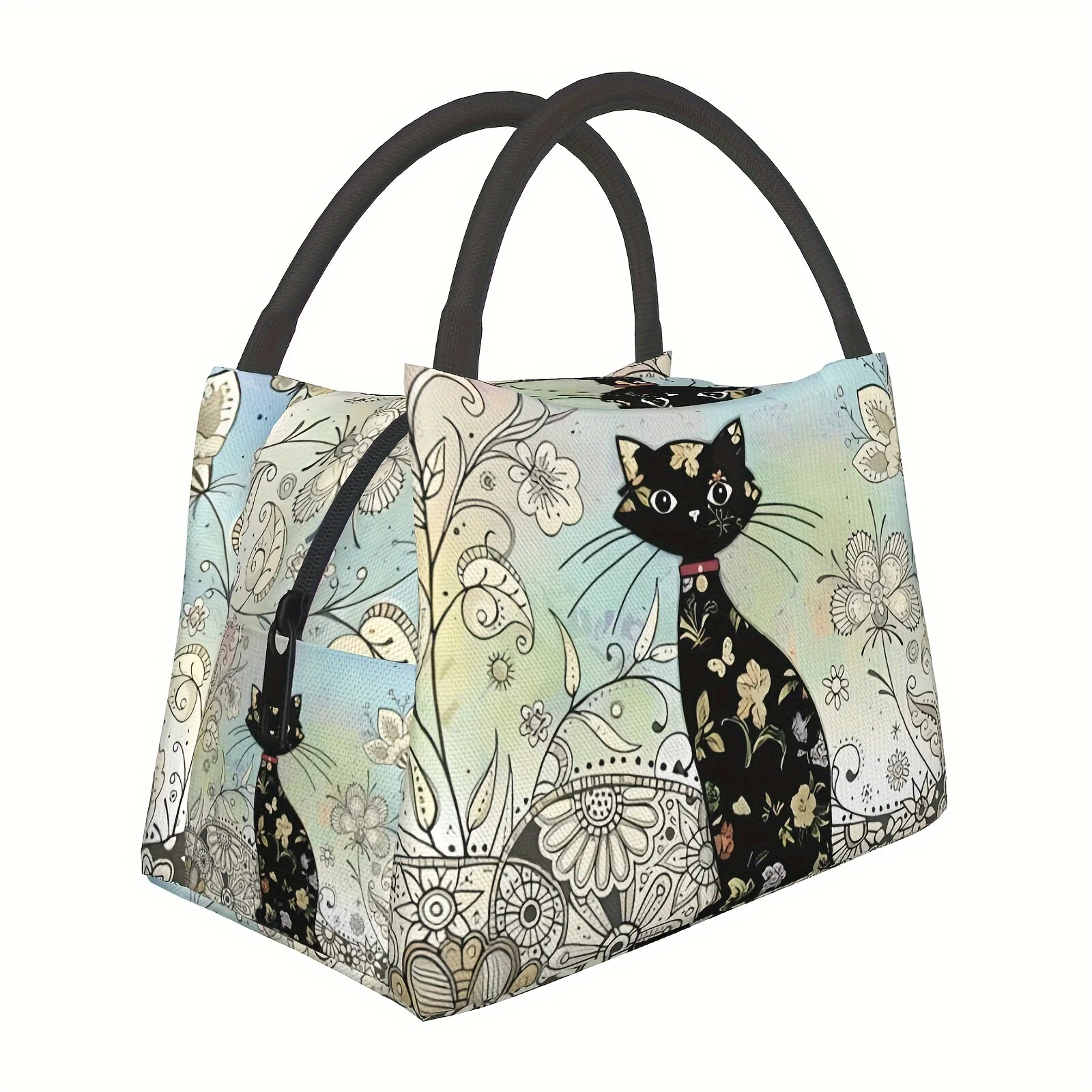 Artistic Floral Cat Portable Reusable Cooler Bag, Insulated Lunch Bag, Camping Picnic Beach Suitable for Home Work