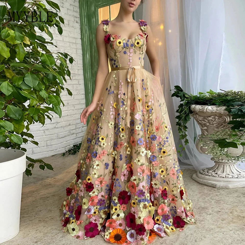 

MYYBLECustom Made Flower Formal Party Dresses 2023 Sweetheart Long Luxury Evening Gowns Lace Applique A-Line Wedding Guest Dress