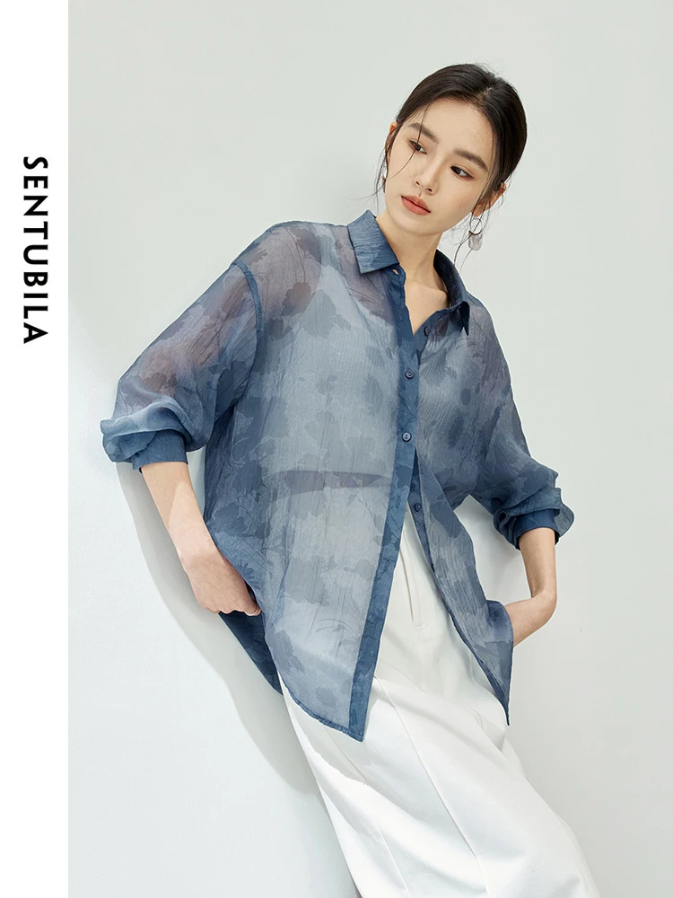 SENTUBILA Sheer Printed Shirts & Blouses for Women 2024 Spring Summer Casual Long Sleeve Tops Loose Button Up Shirt 141C53799