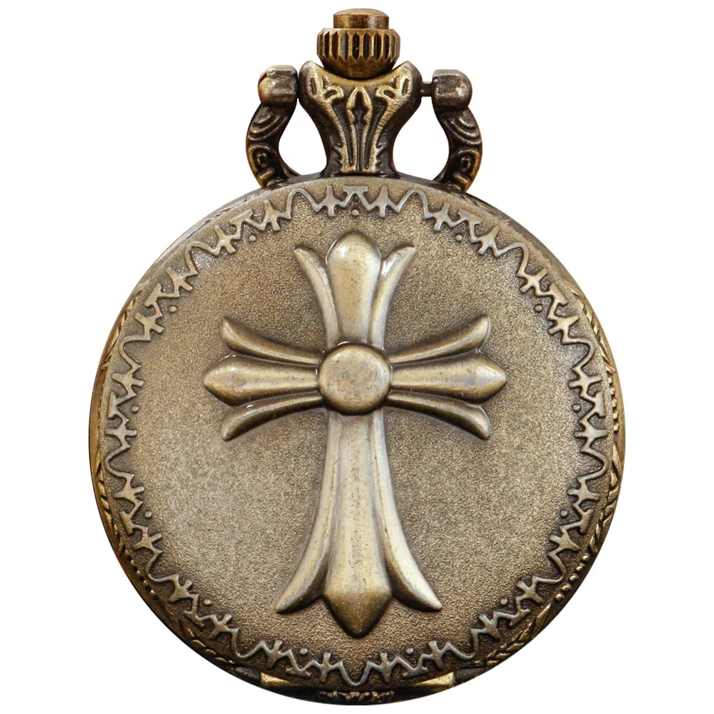 Vintage Bronze Bible Cross Believer Retro Time Quartz Pocket Watch Fashion Pendant Necklace Men's and Women's Accessories Gift