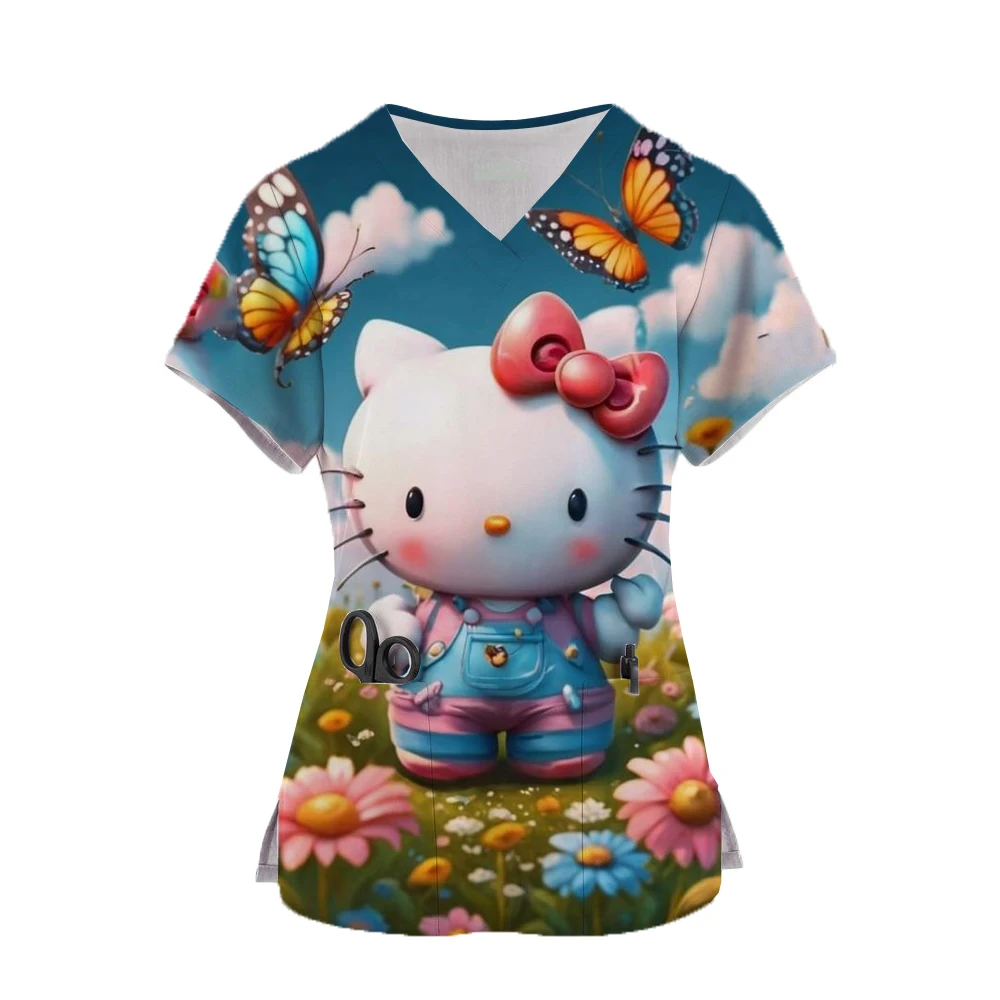 Kawaii Nurse Uniform Scrubs Hello Kitty Tops Womens Cartoon Print Short Sleeve Pocket Overalls Uniforms Medical Nursing Blouse