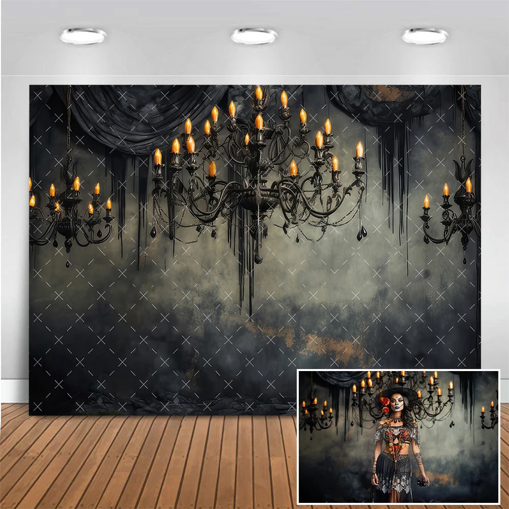 Black Retro Chandeliers Background Halloween Day of the Dead Adult Kids Portrait Photo Banner Studio Props Photography Backdrop