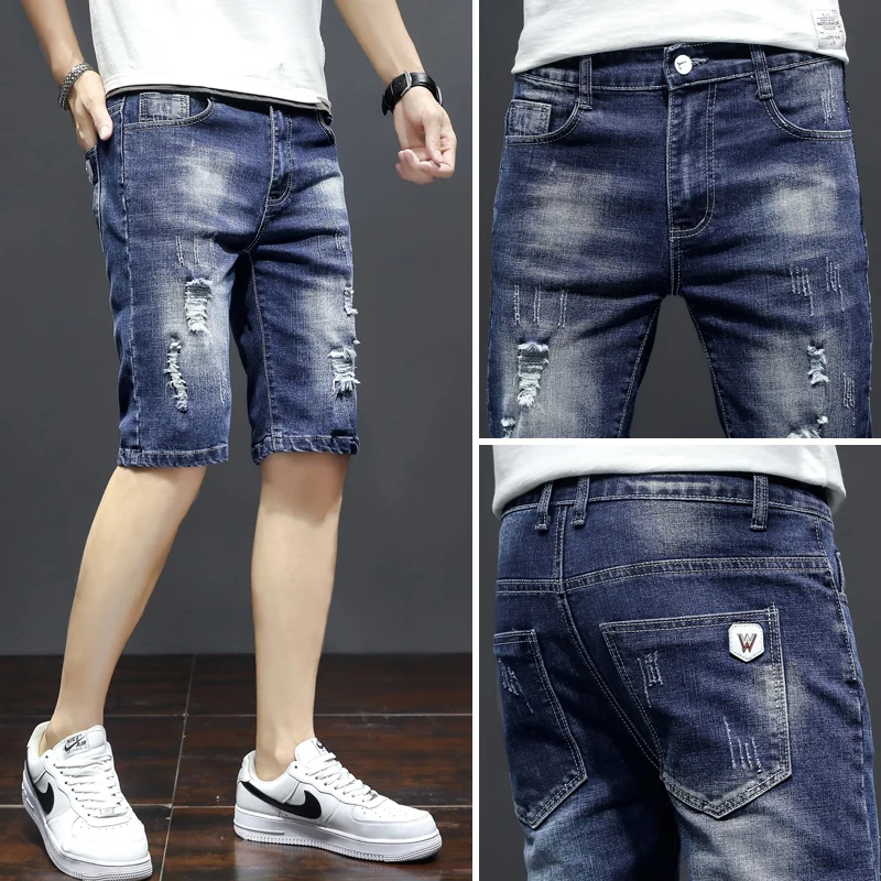 

Men's Summer Thin Cotton Elastic Denim Shorts Casual Loose Fit Five-Button Jeans Trendy Hole Punching Youthful Comfortable