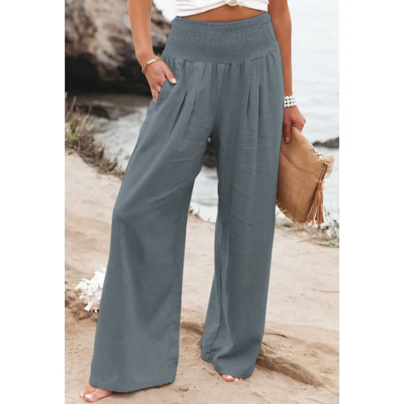 Women's Casual Elastic Waist Pants Spring Autumn Fashion Pocket Comfortable Grid Solid Versatile Mid Waist Beach Wide Leg Pants