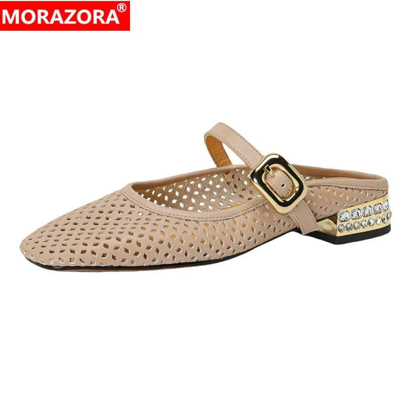 

MORAZORA 2024 New Genuine Leather Slippers Buckle Cut-Outs Summer Ladies Shoes Fashion Low Heels Ladies Party Dress Shoes