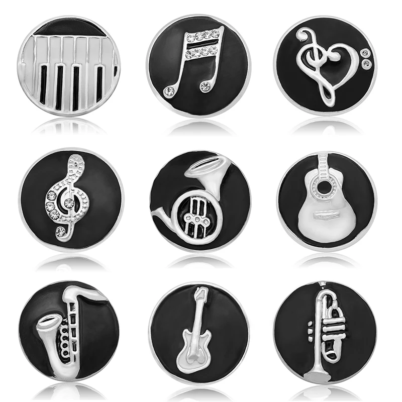 New Round Black style Musical notes Instruments Piano guitar trumpet 18MM snap buttons fit DIY snap bracelet jewelry wholesale