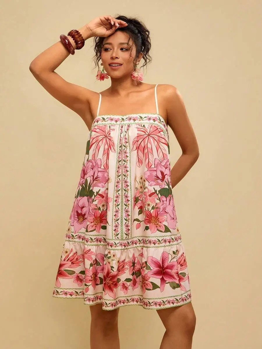 

Womens Pink Floral Tiered Sleeveless Boho Dress Casual Summer Sundress