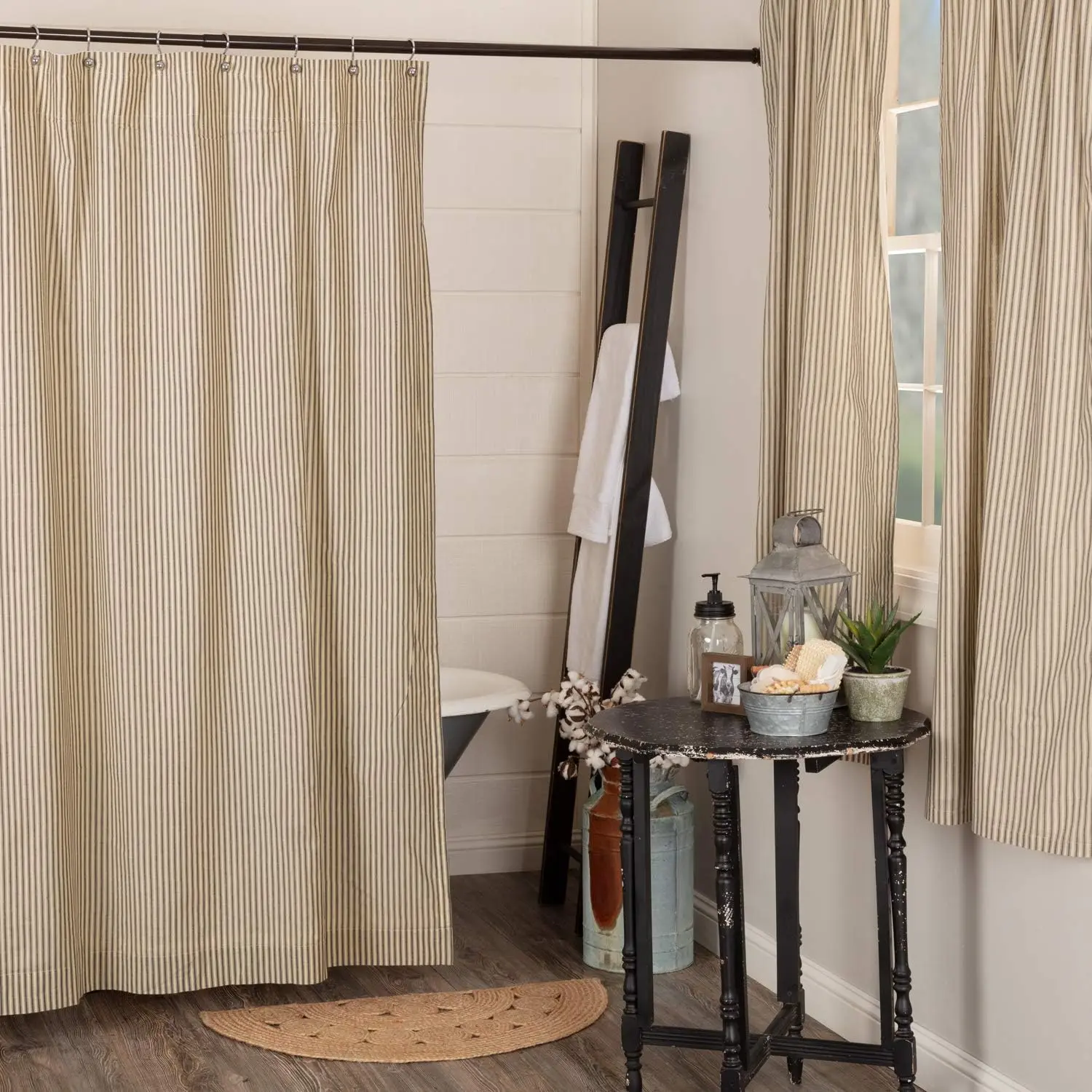 

Farmhouse Ticking Stripe Shower Curtain with Buttonholes, 72x72 Inches, Rustic Bathroom Decor