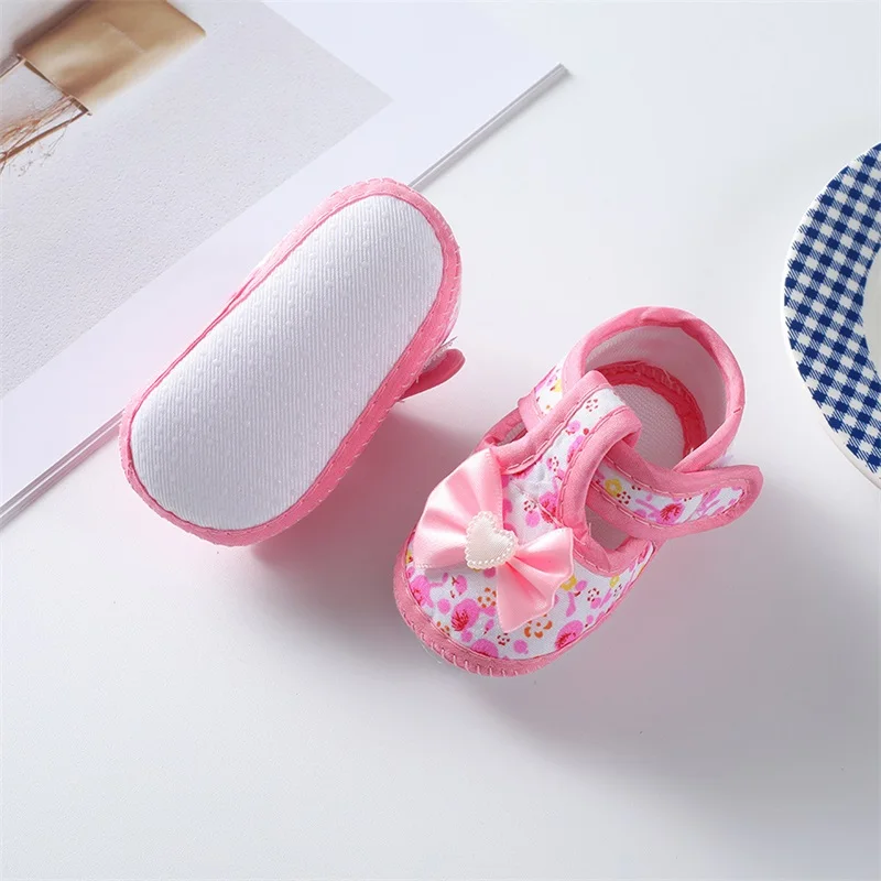 Baby Girls Flat Shoes Soft Sole Bowknot Flower Print Non-slip Indoor Outdoor Toddler Shoes