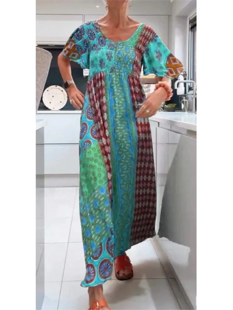 

Ladies Retro Printed O-neck Bohemian Dress Women Summer Loose Pullover Office Dress Elegant Lady Folds High Waist Long Dresses