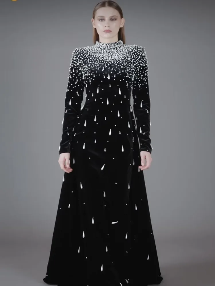 

Ele Long Sve Beaded Diamond Embellied Wrap Dr Par Evening Classy Gown Polyester Stretch Fabric Mid-Waist Skirt