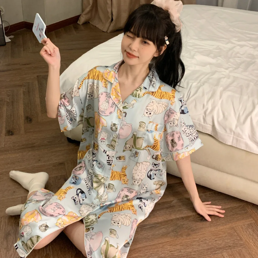 Women Nightgowns Satin Silk Animal Print Shirt Sleepwear Buttons Nightwear Dress Sexy Lingerie Gown Robe Homedress Nightdress