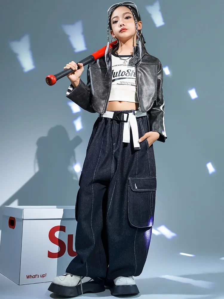 Kinder Kpop Hip Hop Kleidung Lederjacke Top Streetwear Denim Hosen für Mädchen Jazz Dance Kostüm Kleidung