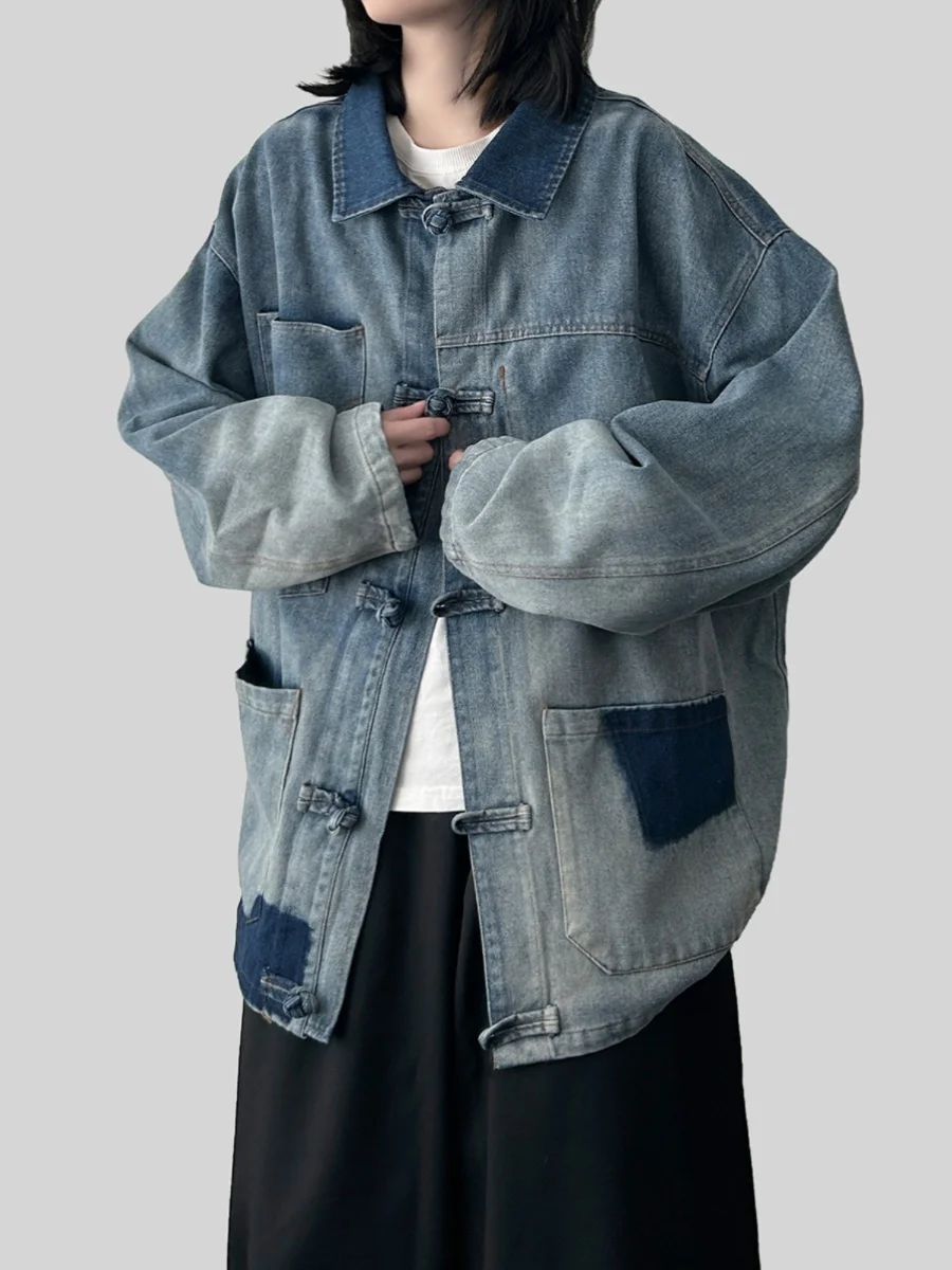 

Waed Denim Jaet Casual Loose Fit for Men And Women Chinese Sle Retro Collar Button Splicing Jaet Breathable Outerwear