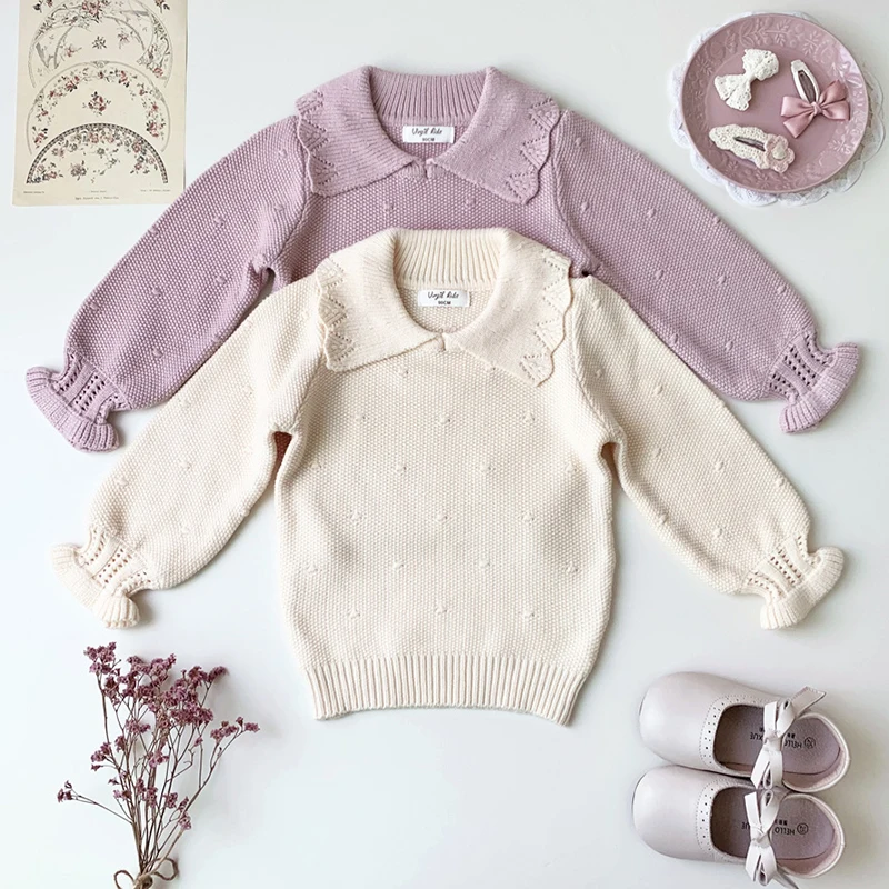 1-7Yrs Kids Knitted Pullover Girls Lantern Sleeve Knit Lace Sweater Ruffle Spring Autumn Baby Clothing Girls Knitted Sweaters