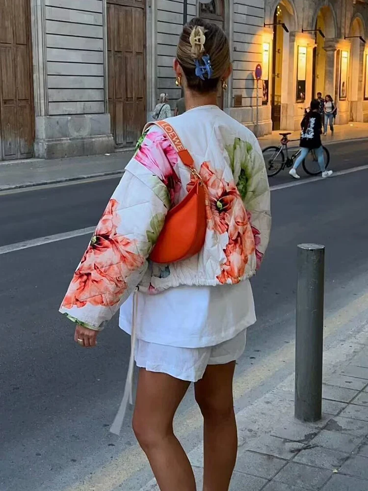 Jaquetas estofadas florais vintage para mulheres, botão de arco feminino, roupas doces do festival feminino, roupas chiques, moda, 2024