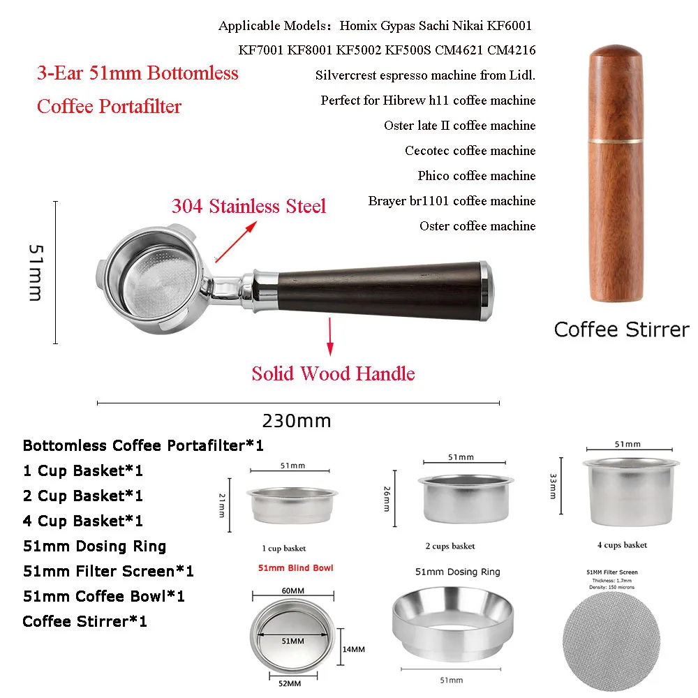 

51mm Bottomless Coffee Portafilter for Homix Hibrew h11 Oster Cecotec Phico Brayer br1101 Coffee Machine Barista Tools