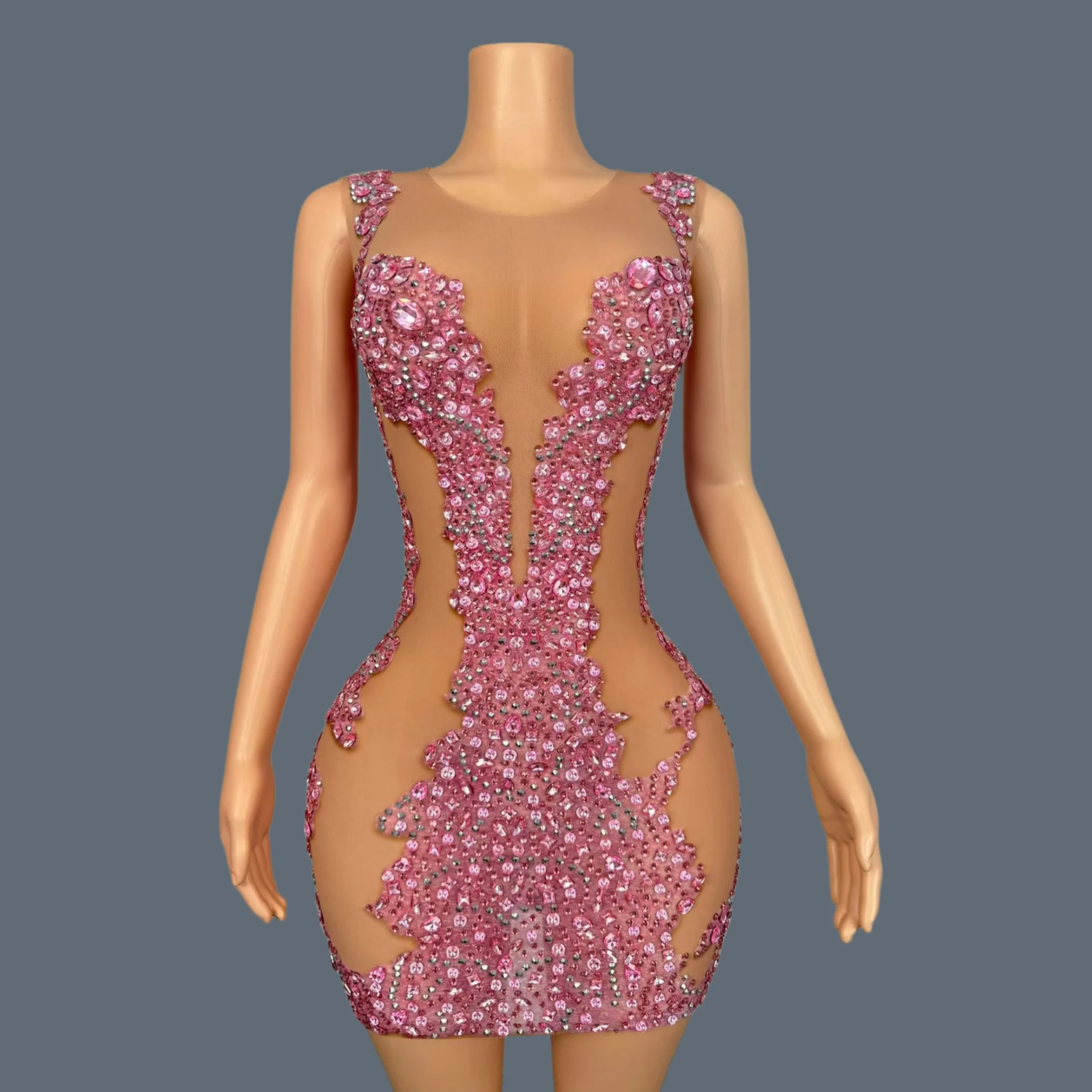 

Sparkly Rhinestones Mesh Transparent Prom Mini Dress Shinny Women Birthday Celebrate Party Prom Nightclub Stage Outfit Shiliu