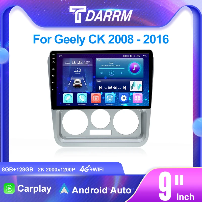 

Для Geely CK 2008-2016 Android 12 Автомобильное мультимедийное радио Видео GPS CarPlay 9-дюймовый экран Головное устройство 2K QLED Стерео CD-плеер