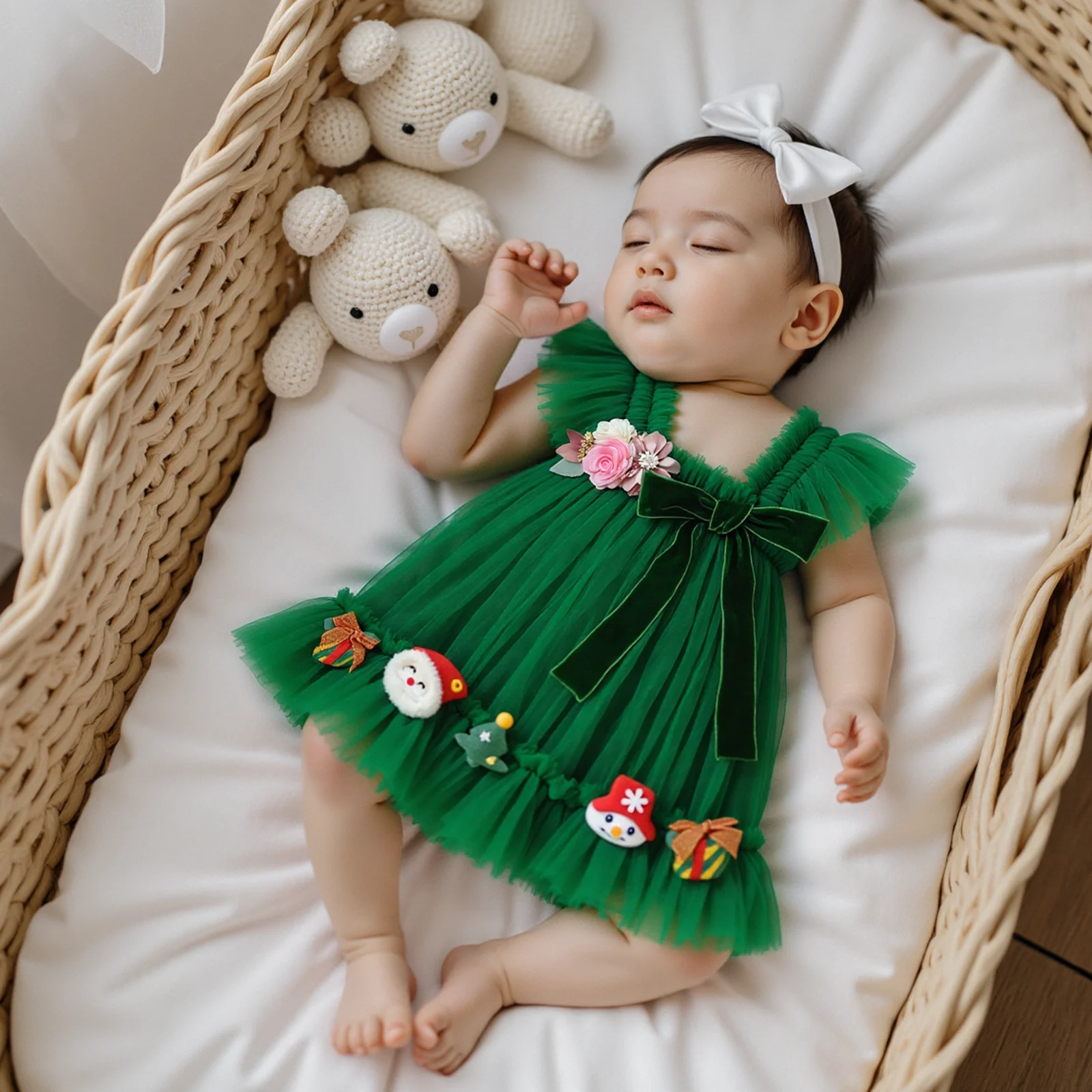 1-4Y Kid Girl Christmas Tulle Mesh Lace Dress 3D Flower Santa Bow Sleeveless Suspender A-Line Dress Costume for Party