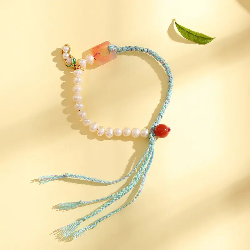 Recruit Peach Blossom Peace Buckle Fresh Water Pearl Woven Bracelet Good Things Happen Birthday Hand Rope Gift Send Girlfriend