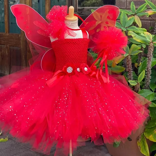 Vestido de hada con purpurina roja para ninas traje de tutu de flores y mariposas vestido brillante de Navidad disfraz de fiesta de Cosplay AliExpress