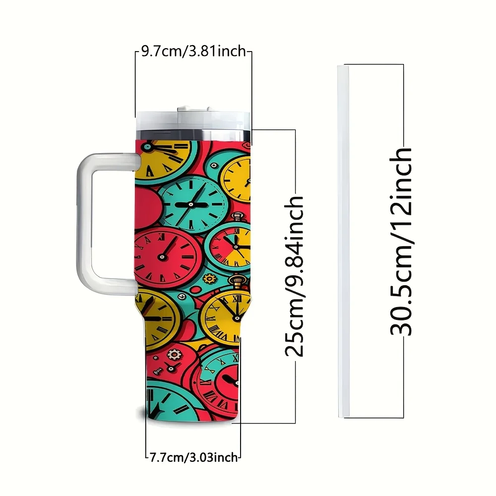 Halloween And Christmas 40Oz Insulated Tumbler with Handle And Straw Lid, Retro Colorful Cartoon Pocket Watch Print Reusable Water Coffee Cup, for Home Office Outdoor Travel Camping Daily Use