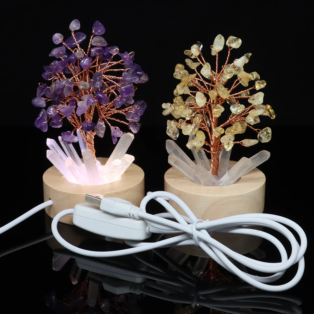 Crystal Trees Lamp Natural Stones Reiki Healing Gems Point Wand Raw Rock Adorn Tree of Life Crafts for Home Room Christmas Decor