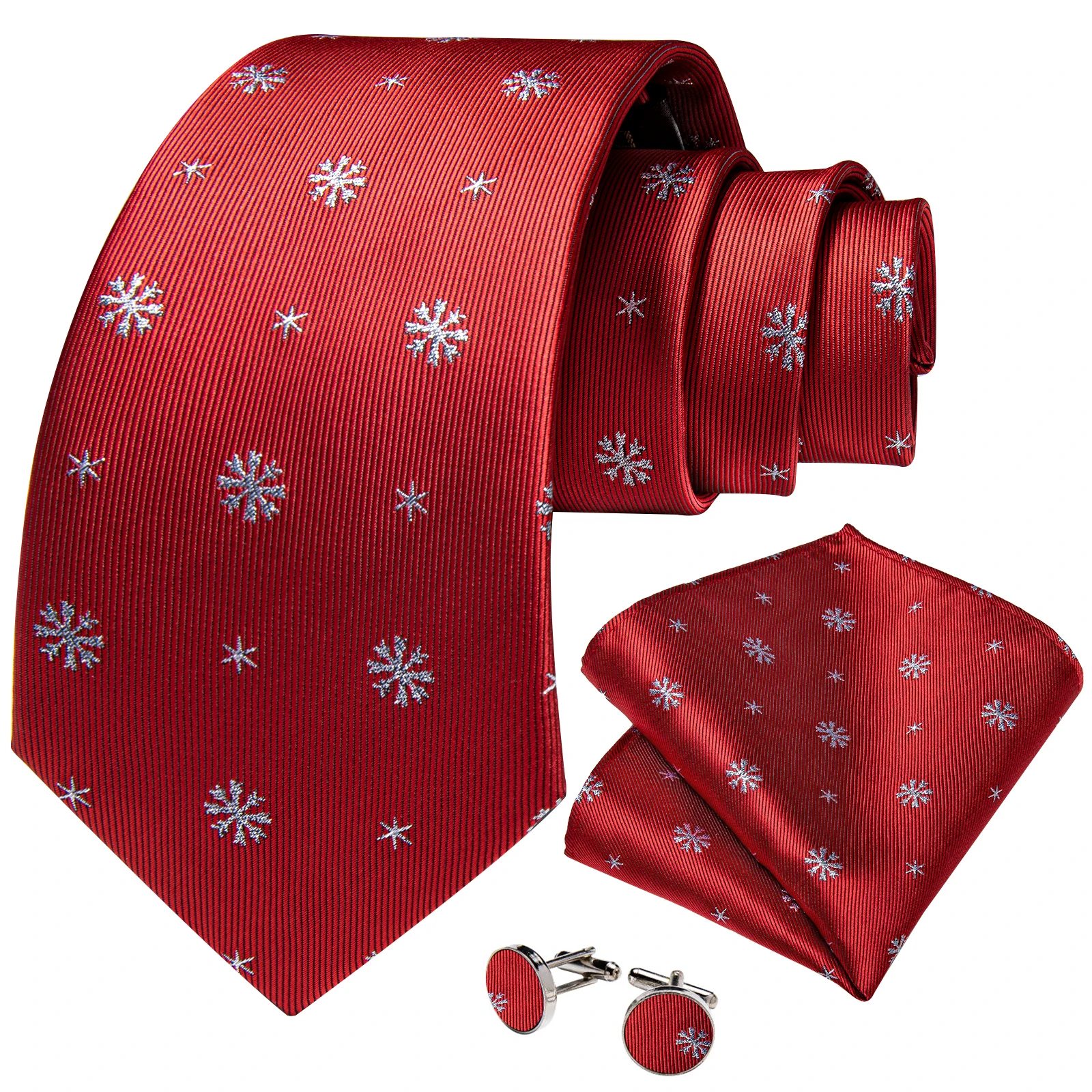 Christmas Snowflake Red Silk Tie Set Pocket Square Cufflinks Wedding Party Men Accessories Gift for Men DiBanGu