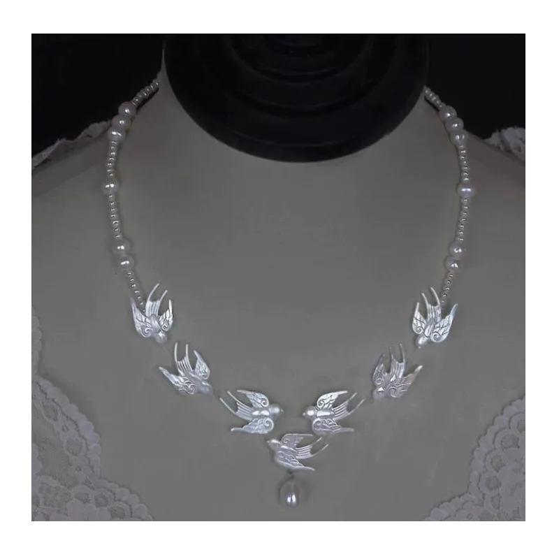 

New Chinese National Style White Butterfly Shell Swallow Pearl Necklace Women's Niche Retro New High-end Versatile Necklace