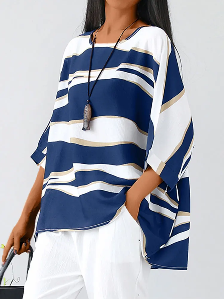 ZANZEA Women O Neck Blouses Oversized Half Sleeve Baggy Tops 2023 Summer Stripe Colorblock Shirts Casual Loose Holiday Blusas