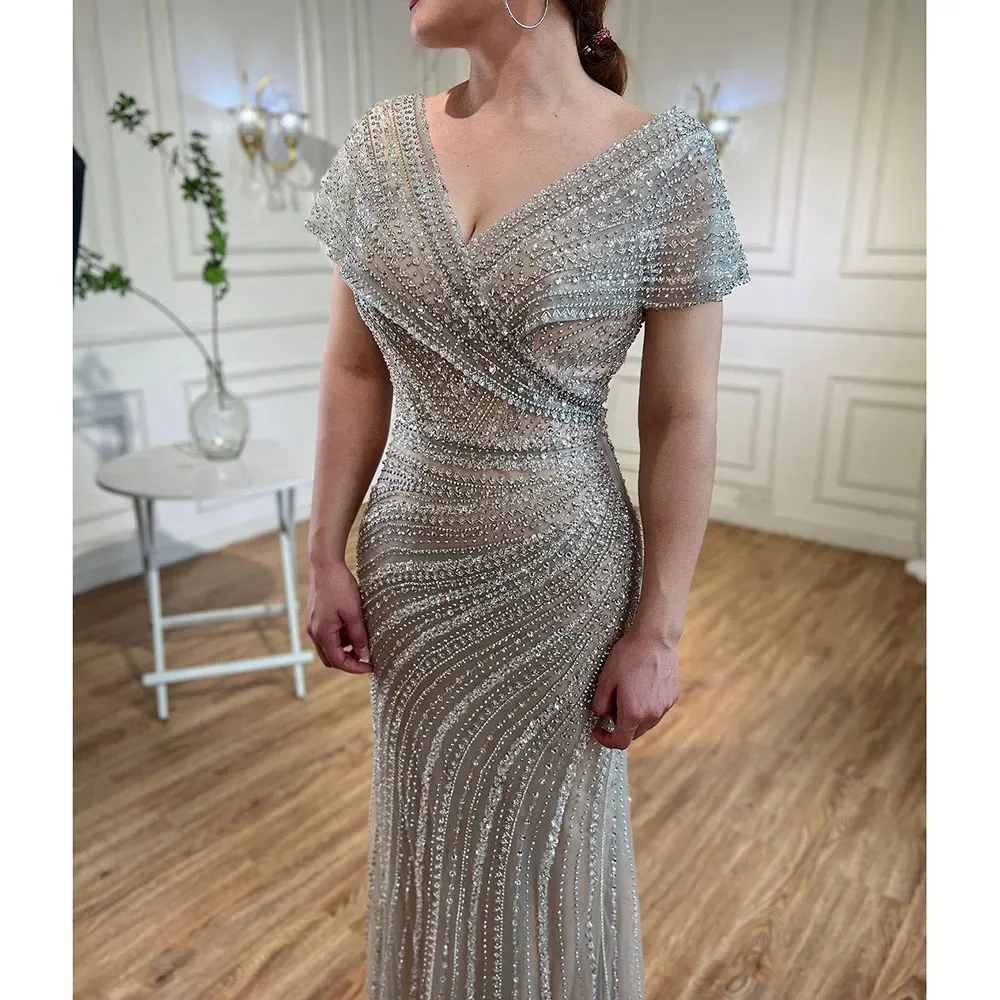 Serene Hill Customized Silver V-neck Mermaid Elegant Evening Gowns Beaded Sparkle Mother of the Bride Party Dresses DLA71686