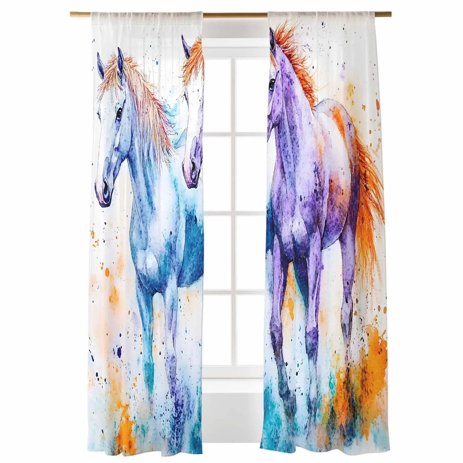 

Watercolor Horse Voile Curtains Window Treatment Sheer Curtains for Bedroom Kitchen Drapes
