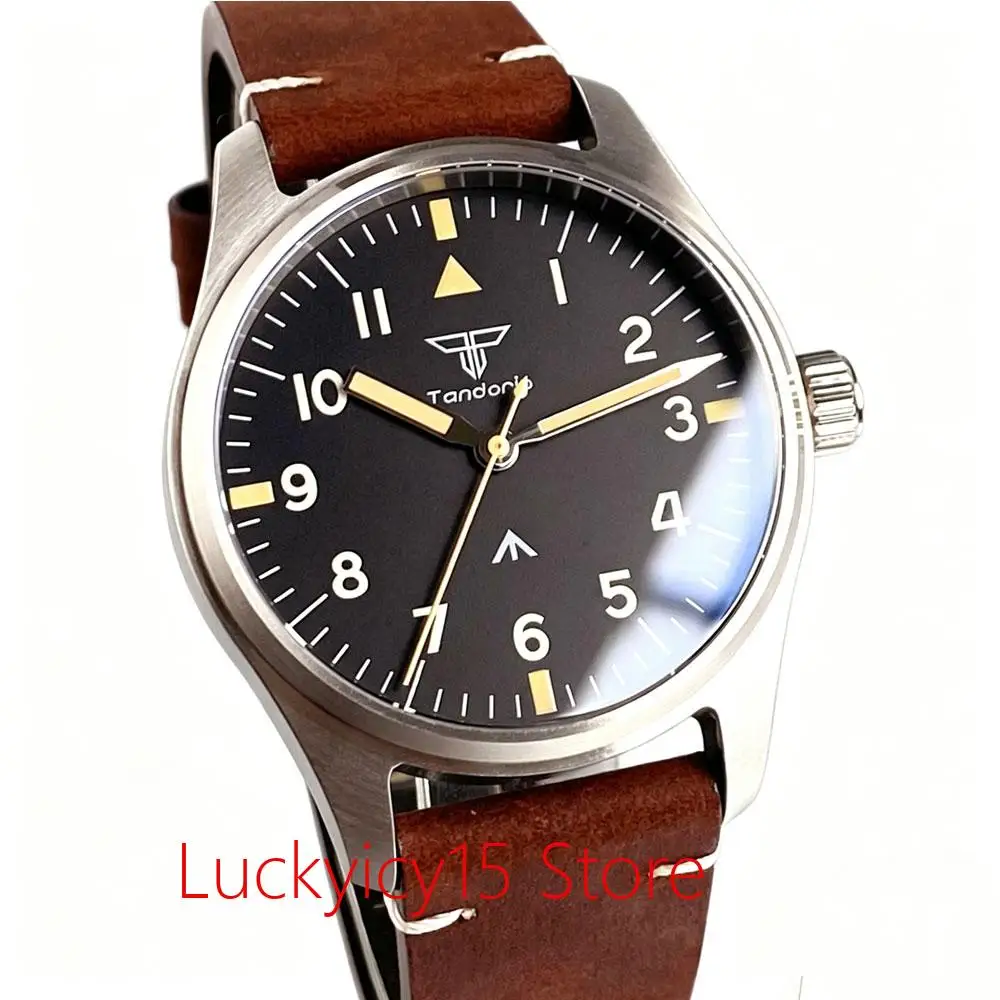 Tandorio New 39mm Retro Pilot VH31 Quartz Men's Watch 100m Waterproof Stainless Steel Sapphire Glass Luminous Marks Reloj Hombre