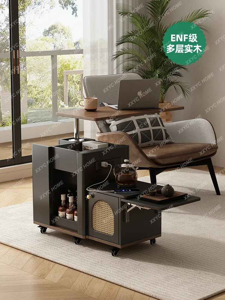 Medieval solid wood edge table, living room sofa, small apartment boiling water, multi-functional lifting coffee table cart