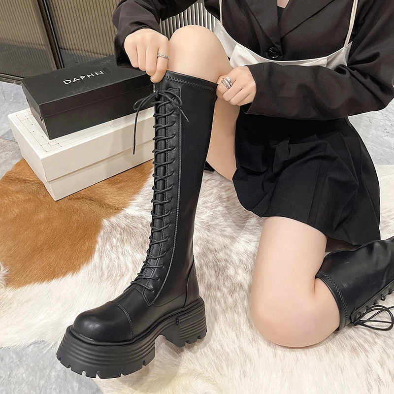 Footwear Lace-up Shoes For Woman Platform Women's Boots With Laces White Long Winter Knee High Shaft Sale Hot Stylish Goth