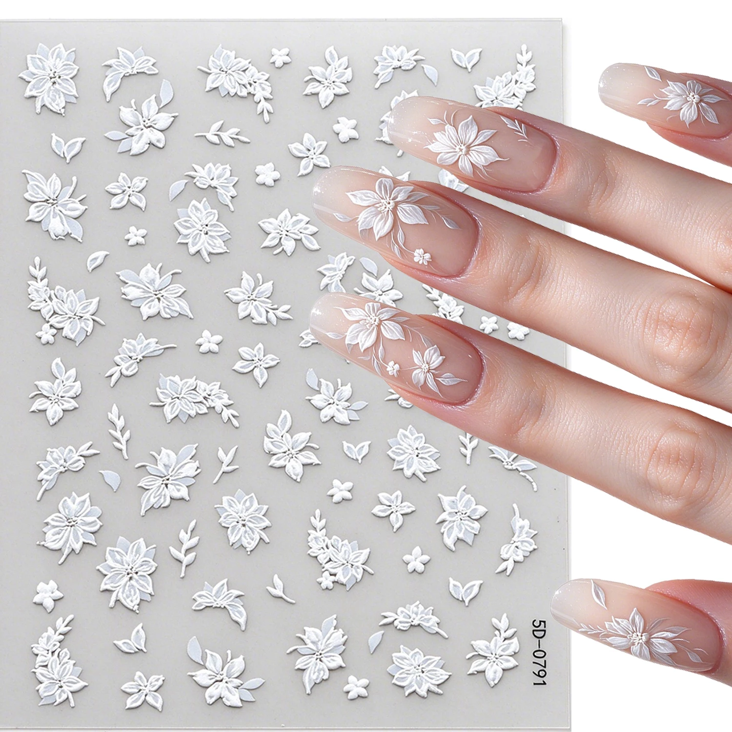 1Pcs 5D Embossed White Floral Nail Stickers Delicate Magnolia Leaf Self Adhesive Nails Decals for Bride Wedding Manicure Decor 1