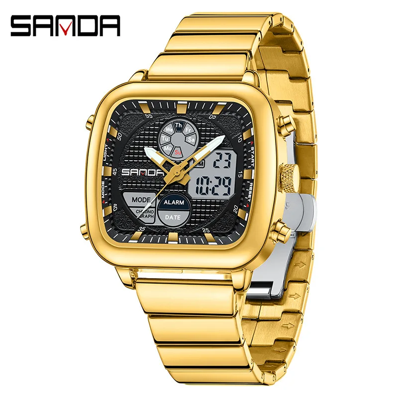 SANDA 9101Retro Square Double Display Electronic Watch Night Light Waterproof Business Leisure Men's Watch Trendy Sports Watch