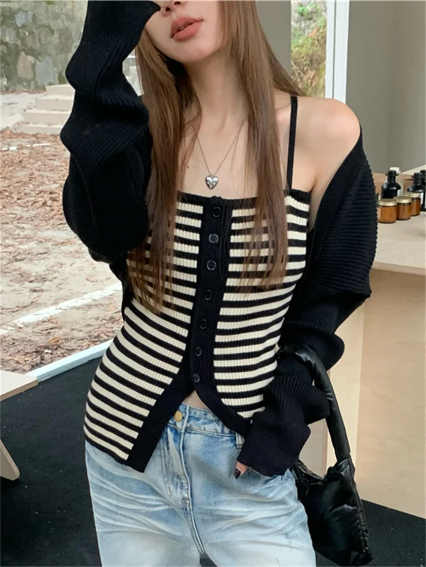 

PLAMTEE Slim Stripes Women Knitted Tank Tops Slim High Street Autumn Shawl Coats Daily Stylish Chic 2023 Office Lady Gentle